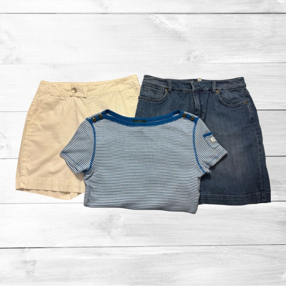 Lot:Ralph Lauren striped T-shirt/Jones New York jean mini skirt/Bandolino shorts